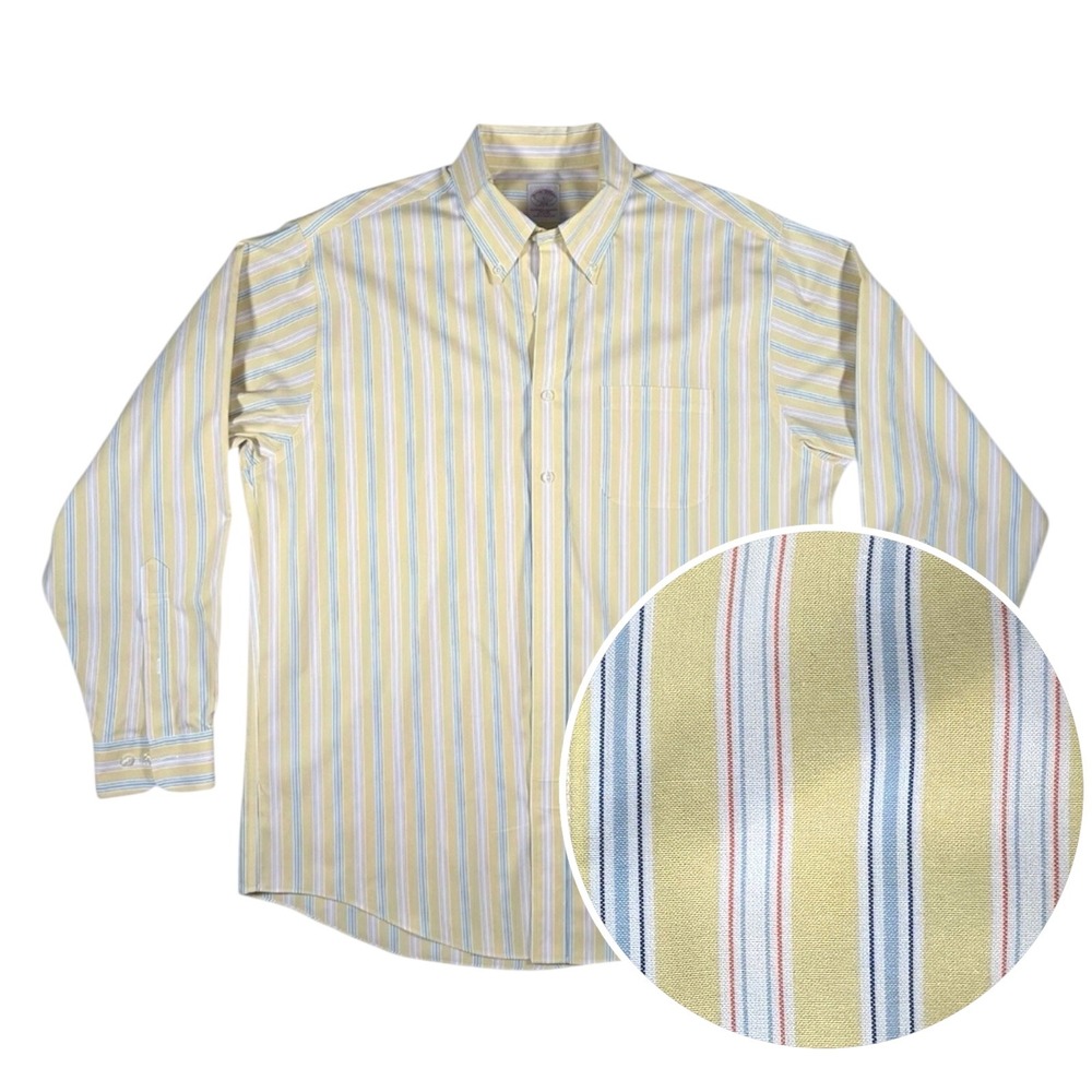 Brooks Brothers 346‎ Mens Large Yellow Blue Striped Non-Iron Cotton Button Down